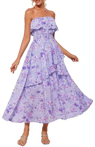 GRACE KARIN Robe longue décontractée à épaules dénudées pour femme - Sans bretelles - Dos nu - Volants - Pour l'été et le mariage, violet, L