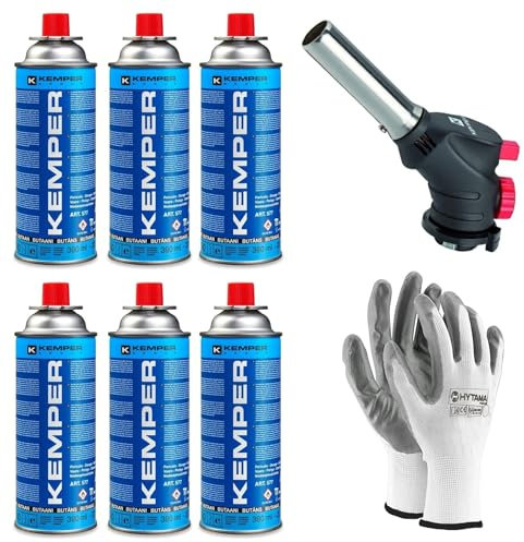 KEMPER - Chalumeau à gaz Multi-usages Soudure Brasage Cuisine + 6 Cartouche de gaz butane 227gr + Gants gratuits