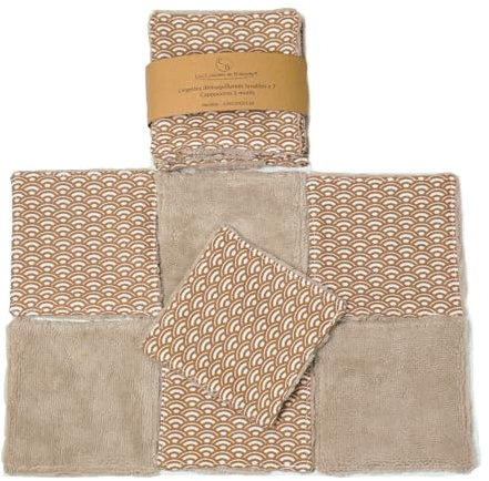 Lingettes démaquillantes lavables bambou, cotons réutilisables, pads, fait main, lot de 7 (Cappuccino à motifs)