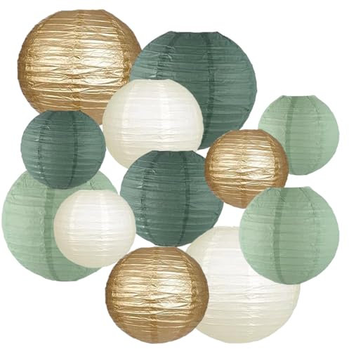 12 Lanternes en Papier Vert Sauge,Crème et Doré - Décoration Parfaite pour Mariages, Anniversaires, Fêtes Prénatales et Jardins