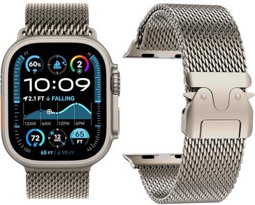 Bracelet Milanais Compatible avec Apple Watch Ultra 2/Ultra 49mm 46mm 45mm 44mm 42mm(Series 3 2 1) Femmes Hommes, Boucle de Type Parachute, Bracelets en Métal pour iWatch 10 9 SE 8 7 6 5 4