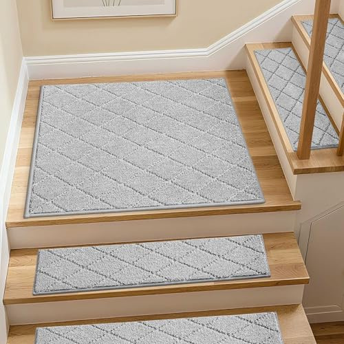 COSY HOMEER 76 x 76cm Stair Treads for Indoor Stairs, 1pcs Grey | 100% Polyester Stair Runner Mat, Washable Self-Adhesive Stair Carpet Mat for Kids Elders Dogs with TPE Backing