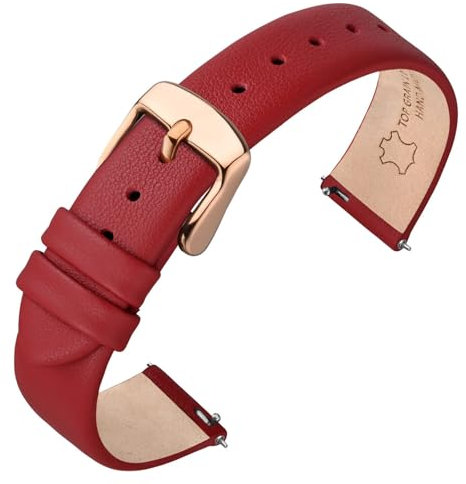 ANNEFIT Watch Straps for Men Women, Top Grain Leather Watch Band with Quick Release, Band Width 13mm with Rose Gold Buckle (Red)