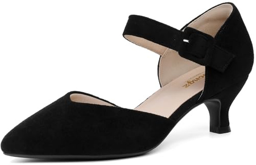 RIBONGZ Comfortable Kitten Heels for Women Pointed Closed Toe Ankle Strap Buckle Heels Slip on Low Heel Church Pumps Wedding Bridal Party Dressy Shoes, Black, 10 UK
