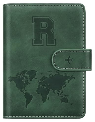Custodia per passaporto, con lettera A-Z, portafoglio da viaggio con blocco RFID, custodia per passaporto, custodia per passaporto, porta passaporto, per donne e uomini, Colore: verde pino., R
