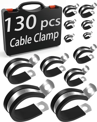 Comfylichi 130PCS Cable Clamp Assortment Kit, 12 Sizes 304 Stainless Steel Wire Clips with Rubber Cushion, Pipe & Hose Clamps for Wiring, Plumbing, Fuel Injection Line, Automotive & Mechanical Use