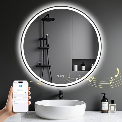 800mm Round Bathroom Mirror with LED Lights and Bluetooth, Illuminated Wall Mounted Smart Mirror with Anti-Fog, Touch, 3 Colors Dimmable, Memory Function, LED Bathroom Mirror with Black Metal Frame