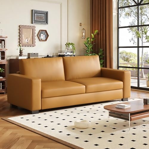 KAANAA 3-Sitzer Sofa in Lederoptik – Minimalistisches Sofa aus Kunstleder, Bequem und Pflegeleicht, Modernes Design in Cognac Braun für Wohnzimmer, Büro oder Gästezimmer