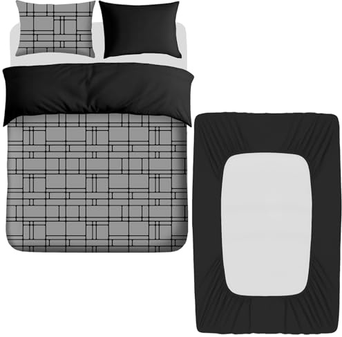Pamposh 4 Pcs Double Duvet Set with Matching Black Double Fitted Sheet 40 cm Extra Deep Pocket - UltraSoft Breathable Premium Microfibre Reversible Quilt Cover Bedding Set For All Seasons
