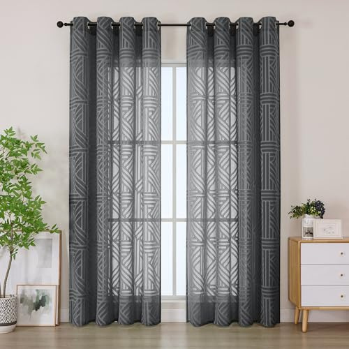 Simplebrand Dekoschal Gardinen mit Ösen 2er Set, Halbtransparent Geometrisches Muster Vorhang für Wohnzimmer Schlafzimmer Fenster, Lichtfilternd & Modern, 140x220 cm Grau