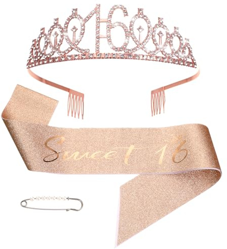16.Geburtstag Schärpe und Geburtstagskrone, Roségoldener Geburtstagsgürtel und Tiara-Krone, Geschenke für MäDchen Geburtstag Deko 16. Geburtstag MäDchen Geburtstagskuchendeckel