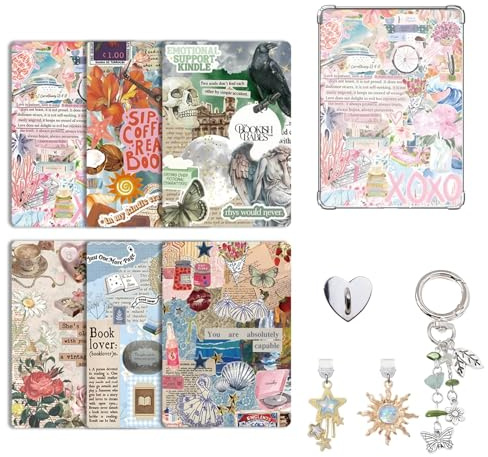 Set d’Accessoires Décoratifs pour Kindle Paperwhite 11e/12e Génération, 6 Cartes Papier Déco, 2 Bouchons Anti-Poussière USB-C avec Charms, Porte-Clés Pendentif Rose pour Liseuse Kindle, Cadeau Lecture