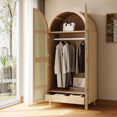 RIAZOS Kleiderschrank mit Stange, Stofftüren & Schublade, Eleganter Walnussoptik Garderobe, Schlafzimmer, Wohnzimmer, 80x50x179 cm, Natur