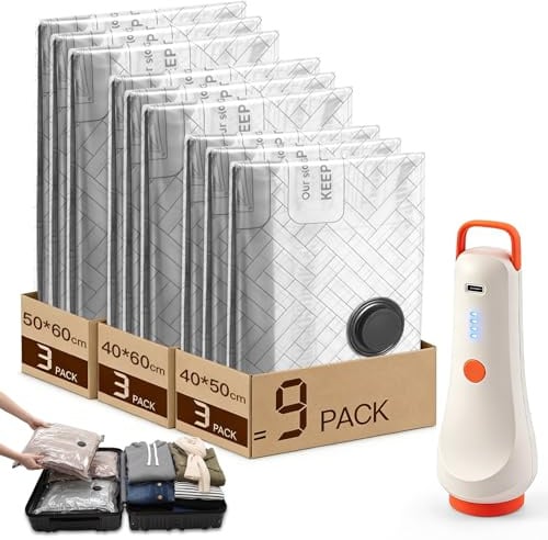Lullu Reise Vakuumbeutel für Kleidung mit Pumpe, 9 Vacuum Bags for Travel | Vakuum Beutel 3*40x50,3*40x60,3*50x60cm, Elektrischer Usb Vakuumpumpe, Kompressionsbeutel Vakuumierbeutel Clothing Storage