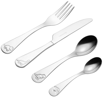 Viners Dinosaur Kids 4 Piece Stainless Steel Cutlery Set | Children’s Knife, Fork, Spoon & Teaspoon | Dishwasher Safe 18/0 Steel, Safe Serrated Knife