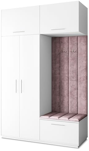 Masseno Flugarderoben Set Rema, Kleiderschrank-Set mit Sitzbank, Garderobenschrank Flur mit 5 Regalböden, Weiß