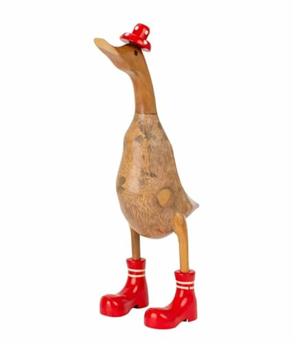 Geschenkestadl 1 Stück Bali Ente Schuhe Mütze rot blau grün Holz unikat 45cm Dekofigur Deko Entenfigur ausergewöhnliche Dekoration (Rot)