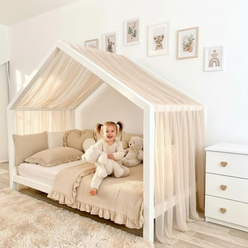 Baby Fancyroom Hausbett Himmel aus Tüll, Handgefertigt, Gekräuselt, Baldachin, Betthimmel für Kinderbett Kinderzimmer (Beige, 420cm)