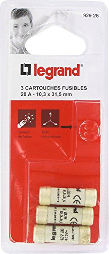 Legrand 092926 Cartouches Fusibles pour Porte-Fusibles avec Témoin, 10.3mm x 31.5mm, 20A