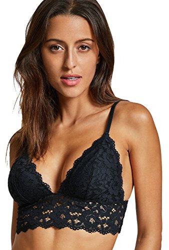 DOBREVA Women's Lace Padded Bralette Wireless Plunge Plus Size Longline Bra Black S