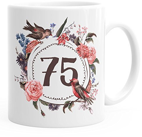 MoonWorks Geburtstags-Tasse 75 fünfundsiebzig Geschenk-Tasse Kaffee-Tasse Blumen Blüten Blumenkranz weiß Unisize