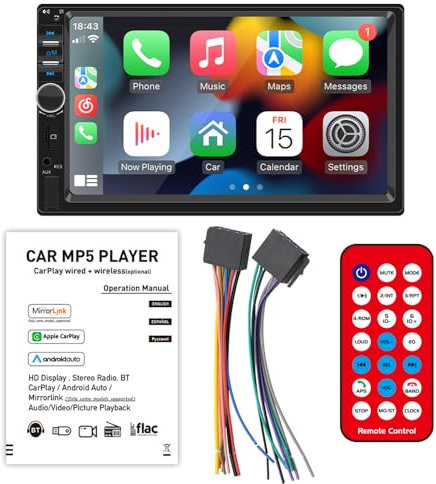 Radio de coche con reproductor Carplay con cable Android, Mirror Link Autoradio 2 Din Pantalla táctil LCD de 7 pulgadas, Soporte de audio estéreo automático FM/MP5/USB/BT/AUX con control remoto