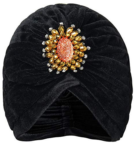 BABEYOND Damen Turban Hut mit Kristall Brosche 1920s Haarband Exotisch Retro Indischer Turban Hut Damen Fasching Kostüm Accessoires (Schwarz)