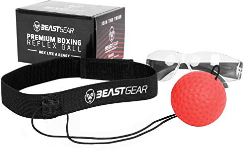 Beast Gear Reflex-Ball für Boxtraining - Einstellbarer Reaktionstrainingsball an Elastischer Schnur mit Stirnband, MMA, Fitness, Boxen, Timing, Genauigkeit. Inklusive Schutzbrille
