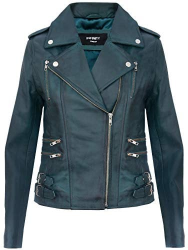 Ladies Retro Teal 100% Nappa Leather Biker Jacket L