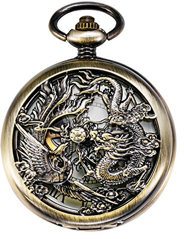 TREEWETO Herren Taschenuhr mit Kette Analog Handaufzug Antik Drache Phönix Skelett Bronze