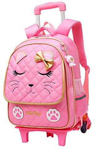 Rolling Backpack for Girls Trolley School Bags Cat-face Kids Backpacks with Wheels Carry-on Travel Luggage, 6 Wheels Pink, L, Only Rolling Backpack