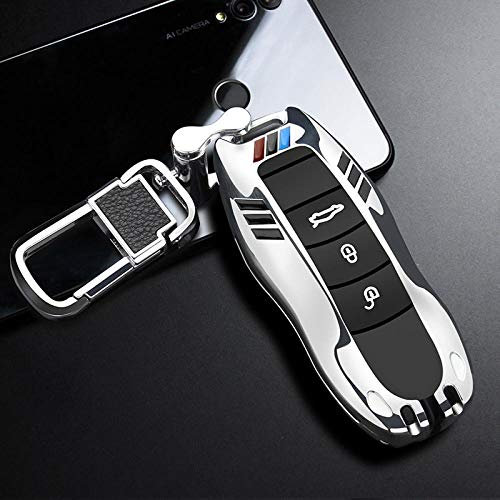 MWBLN Coque de clé de Voiture,Coque de clé de Voiture en Alliage de Zinc, pour Porsche Boxster Cayman 911 Panamera Cayenne Macan Cadeau pour Homme avec Porte-clés silverbuckleset