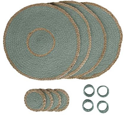 Penguin Home Set mit 12 Jute-Platzsets, Untersetzern und Serviettenringen – Aqua Farbe – Runde Tischsets – handgefertigt von erfahrenen indischen Kunsthandwerkern – Durchmesser – 32 cm