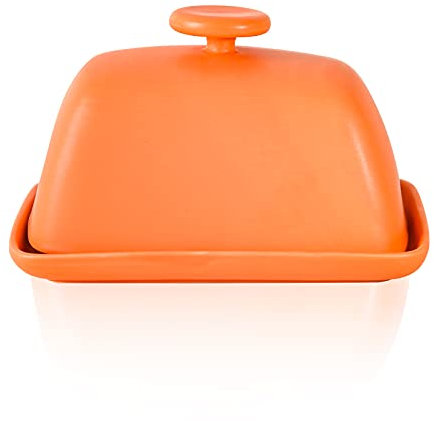 Yundu Ceramics Butter Dish with Lid for Countertop,Butter Keeper Container, 6.3″ Long-4.1″ Wide - Matte Orange