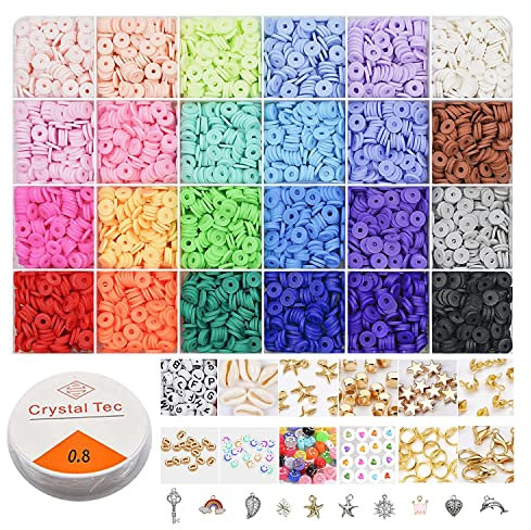 POTUANOT 5244 Stück Tonperlen, 6 mm 24 Farben Perlen Zum Auffädeln, mit Anhänger-Charms-Kit und elastischen Schnüren, für Bastelset Kinder Armbänder Selber Machen