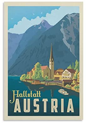 XXJDSK Poster Kunstdrucke Austria Hallstatt Vintage-Reiseposter für Schlafzimmer, ästhetisch, dekoratives Gemälde 60X90cm Kein Rahmen