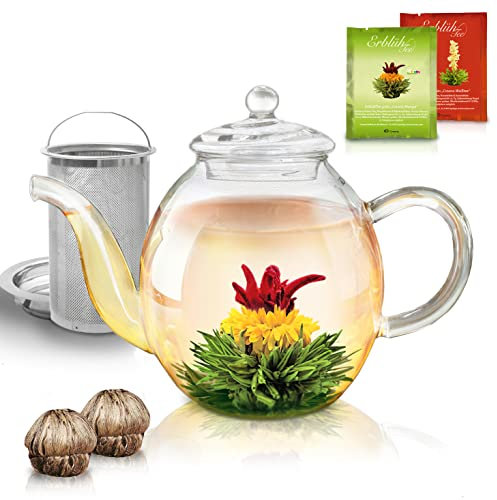 Creano Teekanne aus Glas 1,0l - inklusive 2 Teeblumen - Glasteekanne mit Integriertem Edelstahl-Sieb und Glas-Deckel, tropffrei