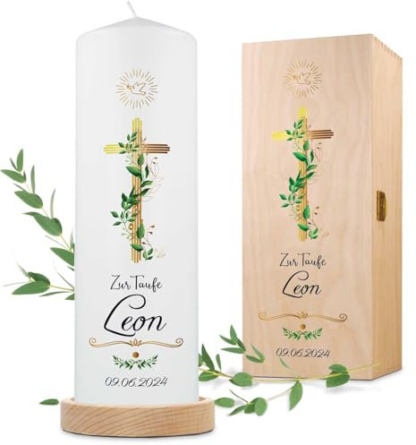 GRAVURZEILE Candela stampata, per battesimo con croce con eucalipto, candela stampata brillante per battesimo, regalo di battesimo personalizzato per ragazze e ragazzi, candela di alta qualità 25080