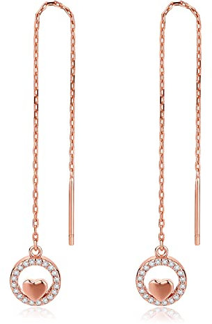 Sterling Silver Drop Earrings for Women Rose Gold Chain Earrings Heart with Crystal Cubic Zirconia Hollow Threader Earrings Pull Through Earrings with Jewellery Box Mum Gift ZHOU LIU FU