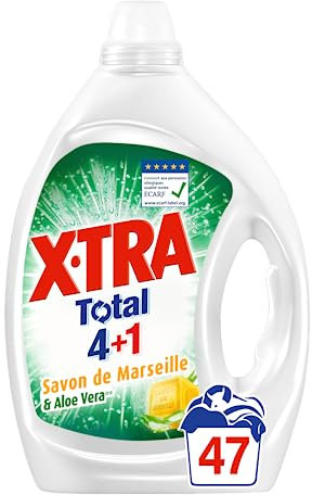 X•Tra Total - 47 lavages - Lessive liquide - 4en1 - Savon de Marseille & Aloe Vera - Convient aux peaux sensibles - Efficace dès 20°C - Propreté - Eclat - Fraîcheur - Economique - Emballage recyclable