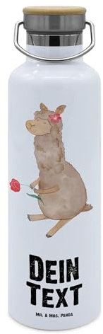 Mr. & Mrs. Panda Personalisierte Trinkflasche Alpaka Blume - Personalisierte Geschenke, Alpaka Witz, Thermo-Trinkflasche Mit Namen, Motiv Alpaka,