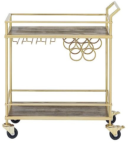 RUVOO Servierwagen Rollwagen Küchenwagen Bar-Servierwagen, Speisewagen-Aufbewahrung, 2-lagiger Goldener Metallrahmen, oberes Holzregal mit Weinregal und Armlehne Küchenrollwagen Kuechenwagen