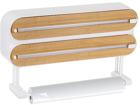 sourcing map 3 in 1 14x2.6 Plastic Wrap Dispenser with Cutter and Magnetic Bottom, Suitable for Tin Foil, Plastic Cling Wrap, Aluminum Foil - Wood Color