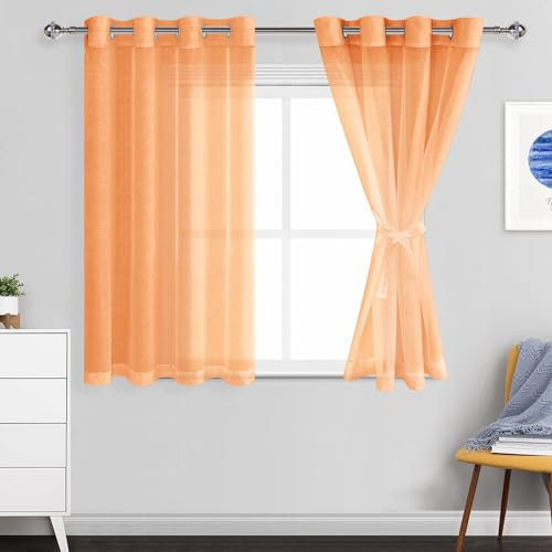 JIUZHEN Transparente Vorhänge mit Ösen, halbtransparent, lichtfilternd, für Schlafzimmer, Wohnzimmer, 114 cm x 114 cm, 2 Stück, mit Raffhaltern, Orange
