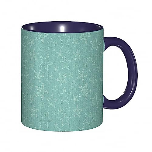 Coffee Mug Funny Mug, Ocean Different Designed Shaped Sea Deep Water Stars with Dots Lines Artwork.Turquoise White Print,Coloured Mug Cup Gift Birthday Work Office Christmas Tea Coffee