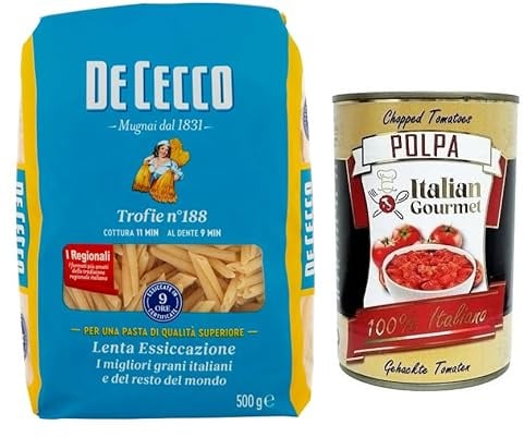 Italian Gourmet Pasta Trofie N°188, Hartweizengrieß aus Italien 1 x 500g | Formato ligure attorcigliato; kochfest, raue Oberfläche, prende Pesto und, Gesamtnettogewicht 500 g + Kostenlos Polpa 400g