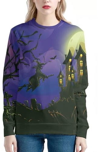 JooMeryer Pull à col rond Van Gogh Nuit étoilée 3D pour femme, Sorcières château d'Halloween violet, 3X-Large