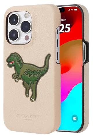 Coach Schutzhülle für iPhone 14 Pro, echtes geprägtes genarbtes Leder, kompatibel mit kabellosem Laden, Elfenbeinfarben