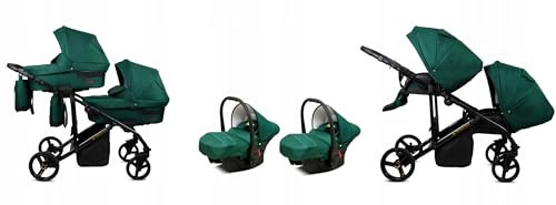 BabyLux® Kinderwagen Set 3 in 1 für Zwillinge - Trailux Duo - Bottle Green - incl. Babywanne, Buggy Sportsitz, Auto-Babyschale - Autositz - Geschwisterwagen Zwillingskinderwagen mit Wickeltasche