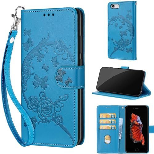 Phone Case for iPhone 6 Plus / 6s Plus, Flowers and Butterflies - Blue | Shockproof Flip Wallet, Card Slots, Kickstand, PU Leather, Wrist Strap Lanyard
